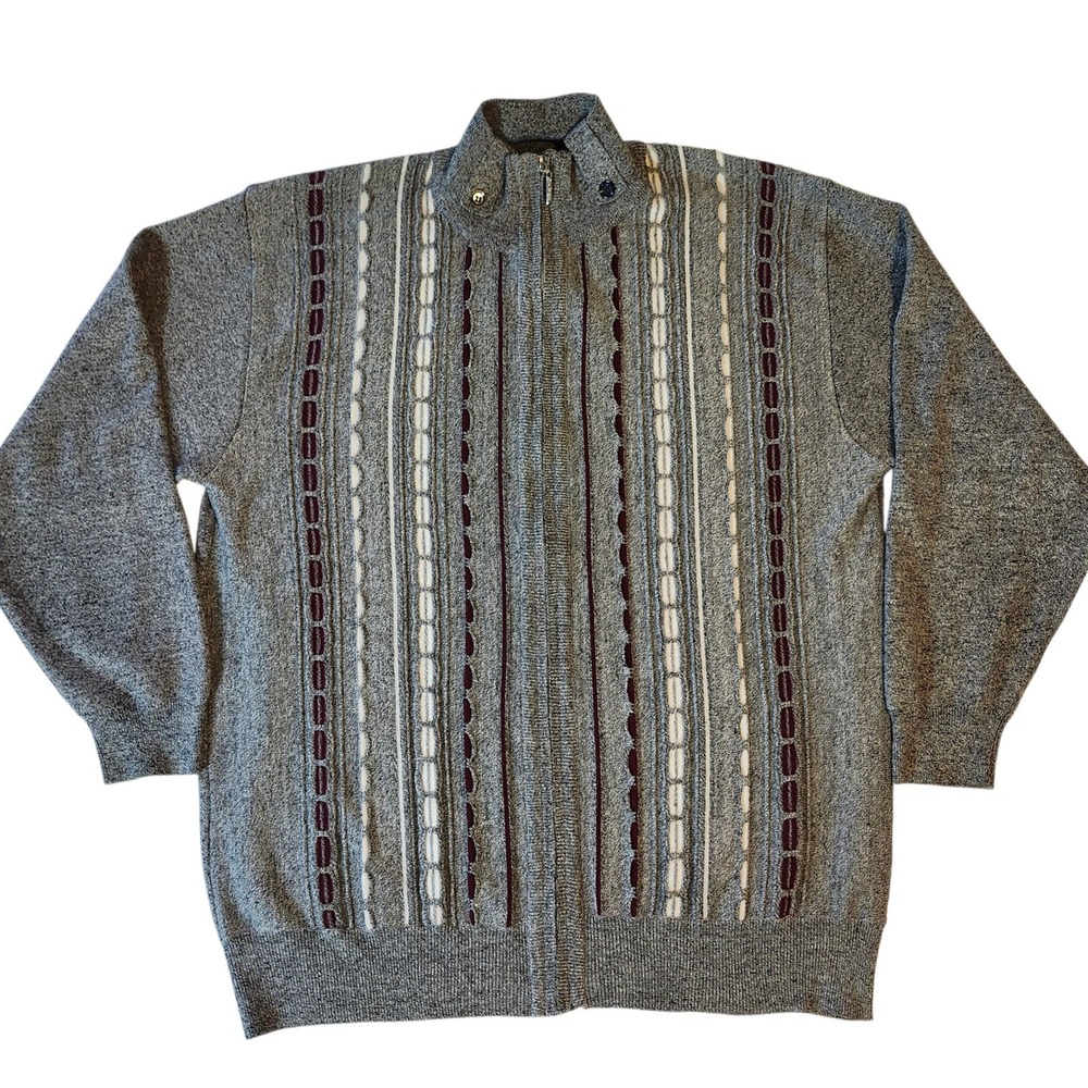 Silver Silk Textured Marled Gray Mock Neck Zip Up Cardigan Sweater Linen Mens XL